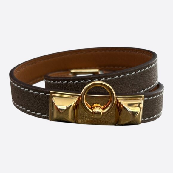 Hermes Etoupe Swift & Gold Hardware Rivale Double Tour Bracelet